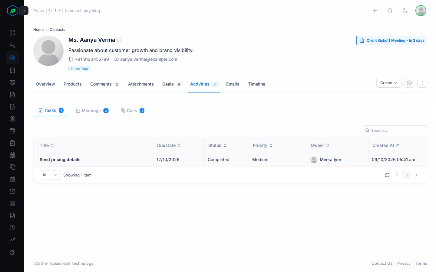 The Activities tab on a contact, with Tasks, Meetings and Calls
