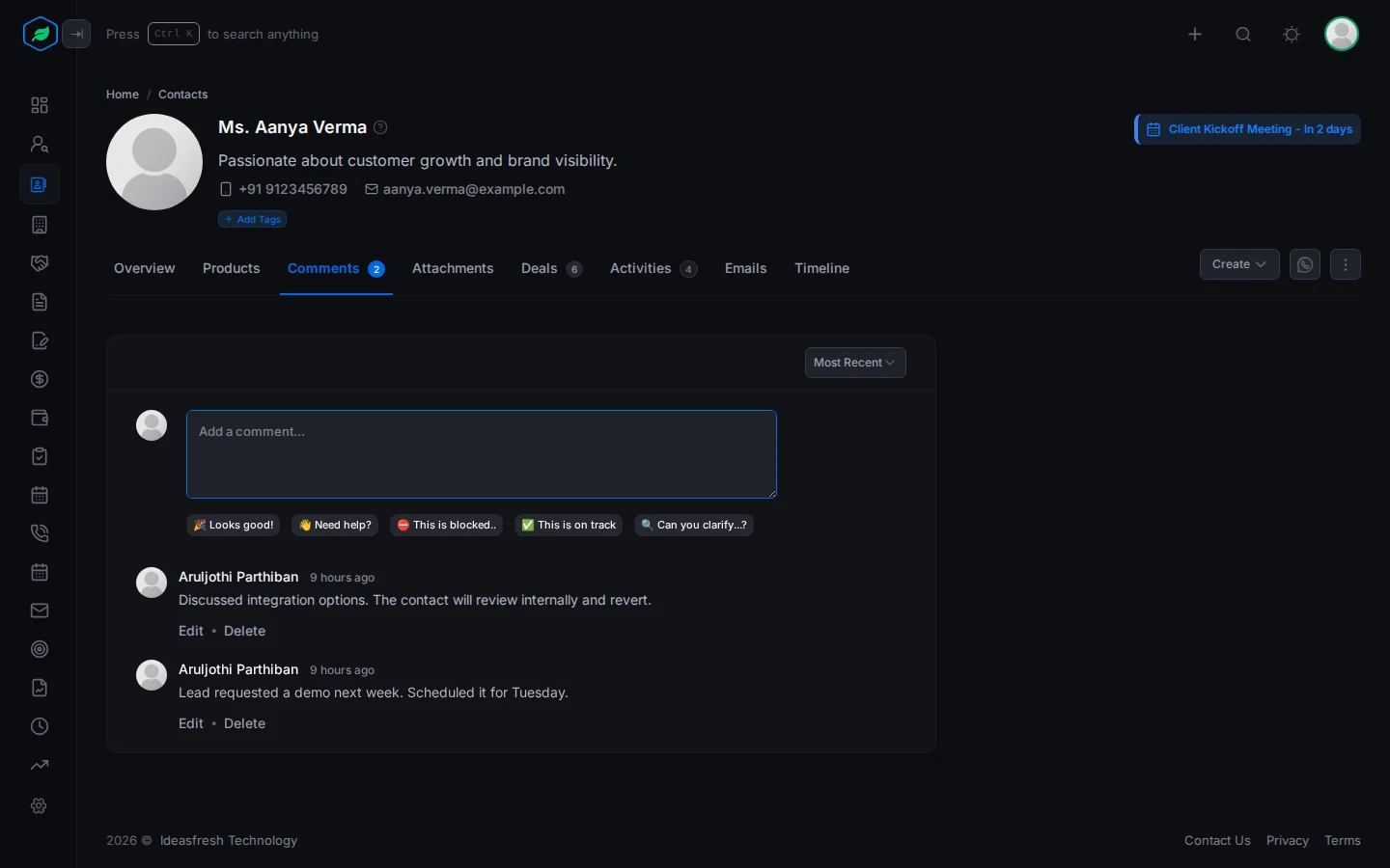 The Comments tab on a contact, with notes from the team