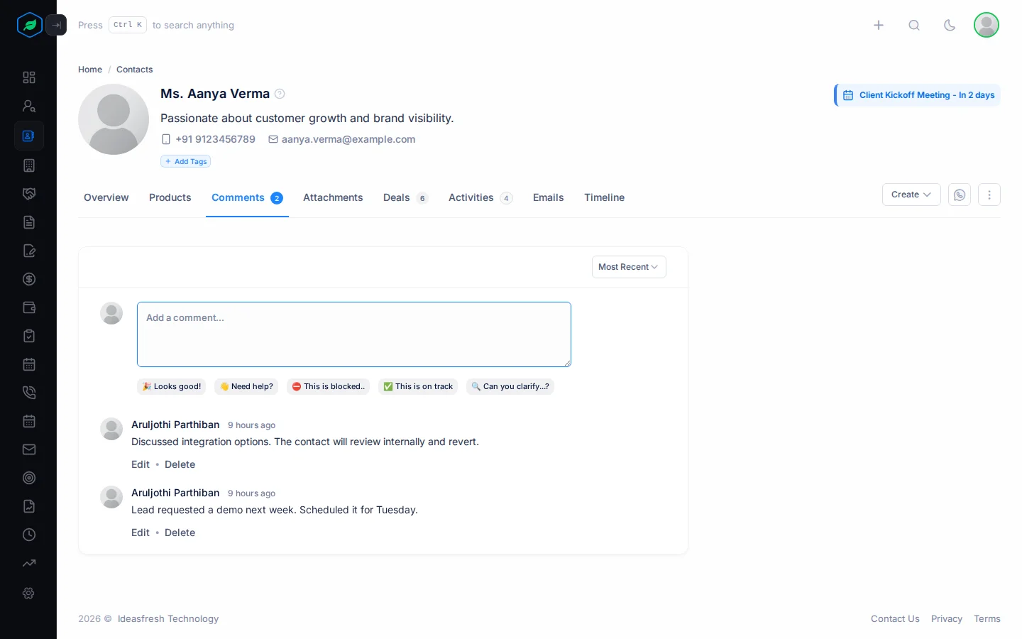 The Comments tab on a contact, with notes from the team