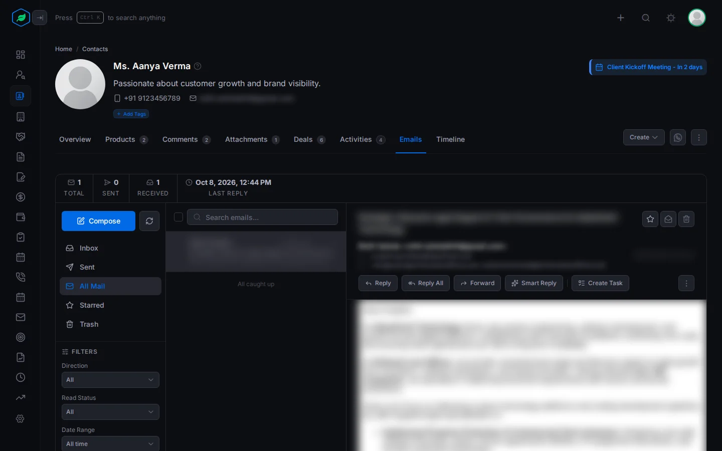 The Emails tab on a contact, with the email summary at the top, the contact's emails on the left and an open email with Reply, Forward and Smart Reply on the right