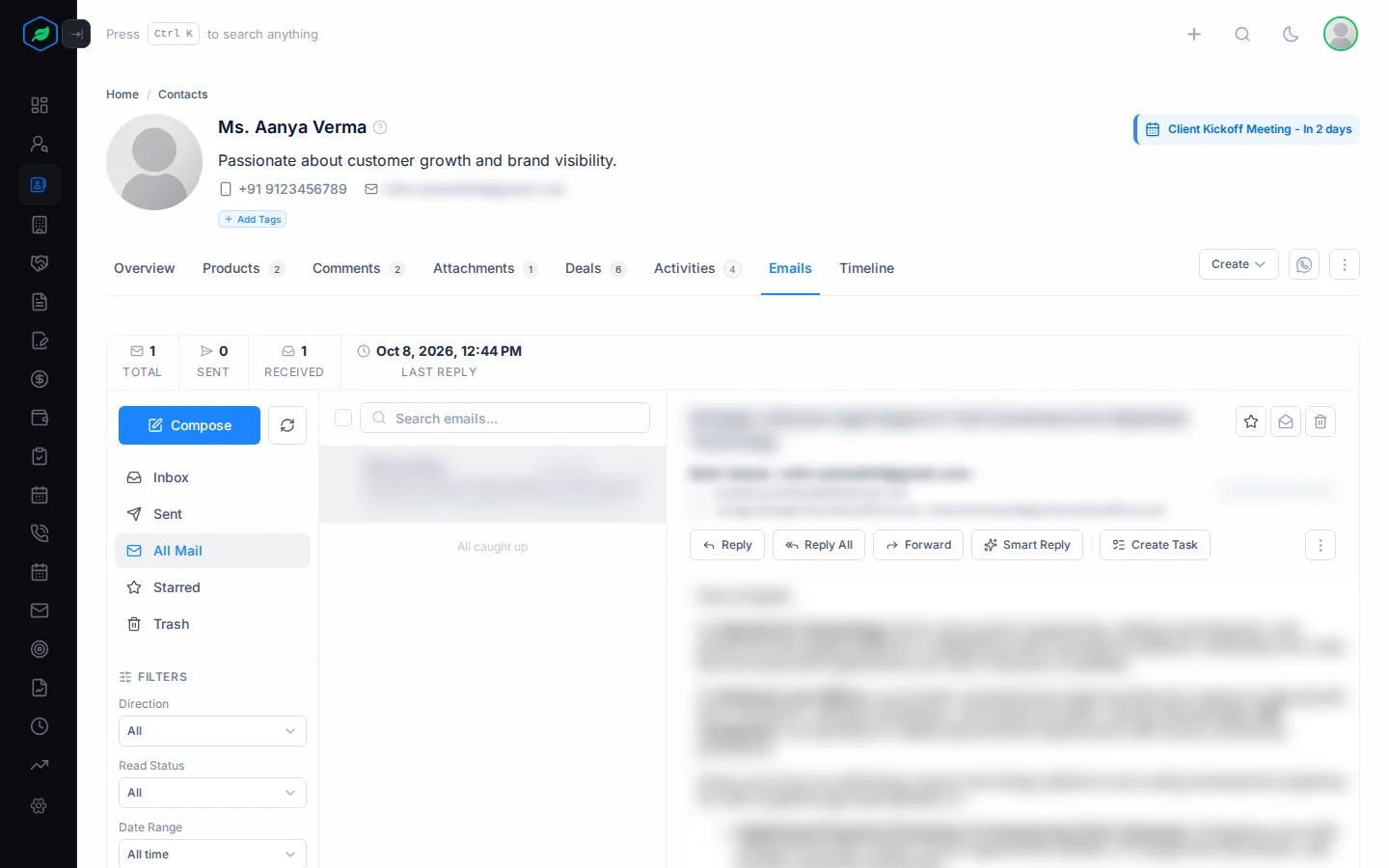 The Emails tab on a contact, with the email summary at the top, the contact's emails on the left and an open email with Reply, Forward and Smart Reply on the right