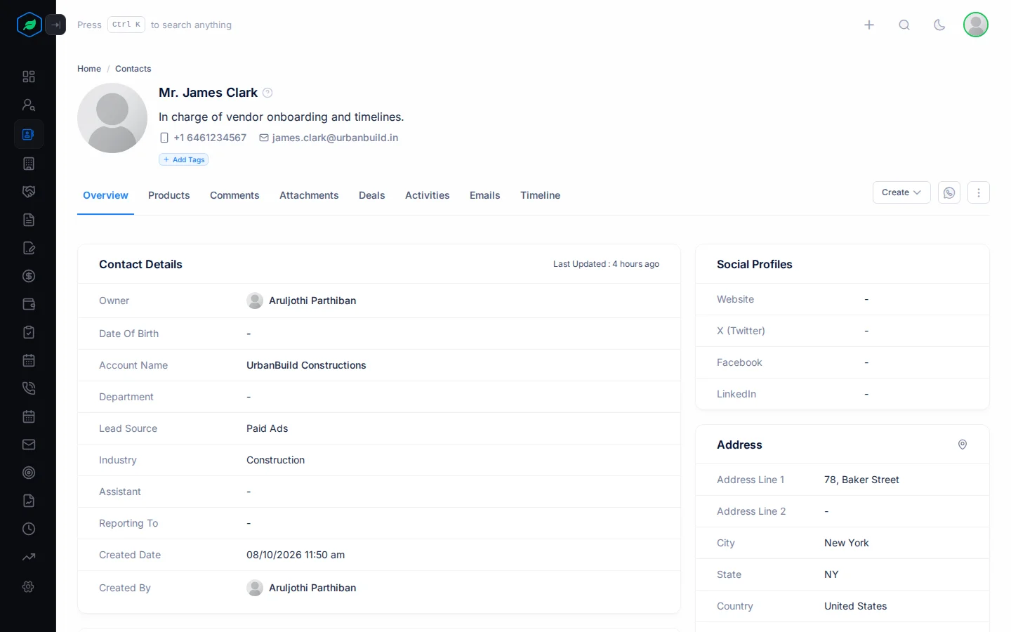 A contact's page: header with name, description, phone and email, the tabs, and the Contact Details, Social Profiles and Address cards