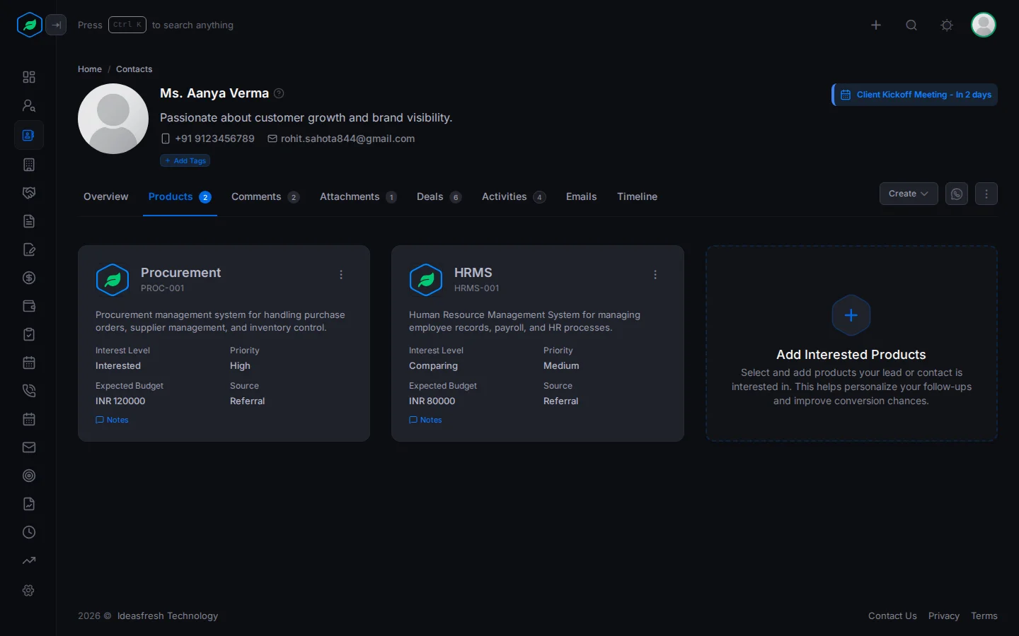 The Products tab on a contact, with a card for each product showing its interest level, priority, budget and source, and the Add Interested Products card