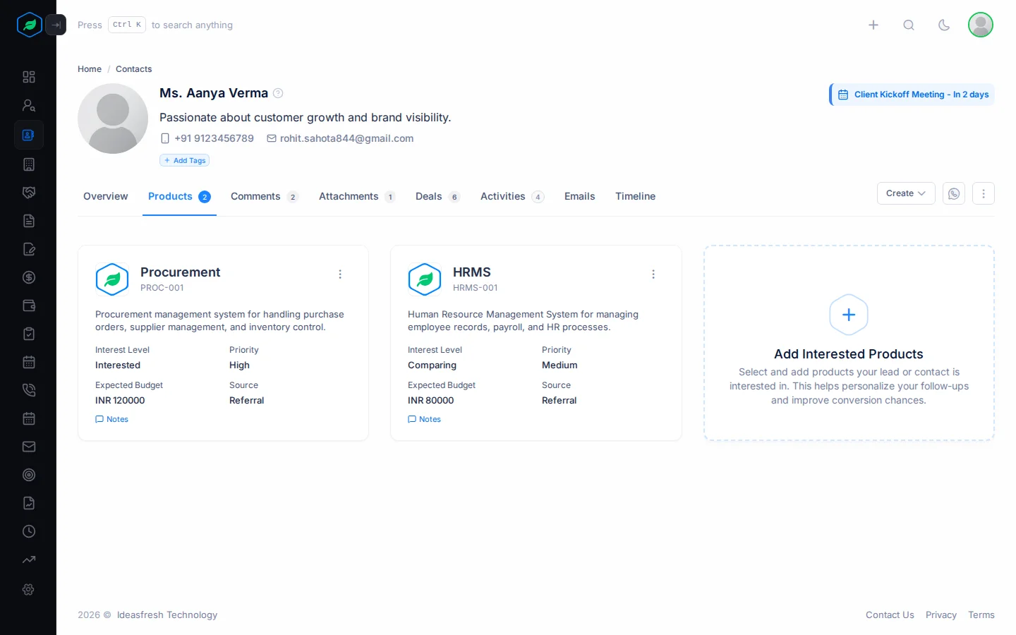The Products tab on a contact, with a card for each product showing its interest level, priority, budget and source, and the Add Interested Products card