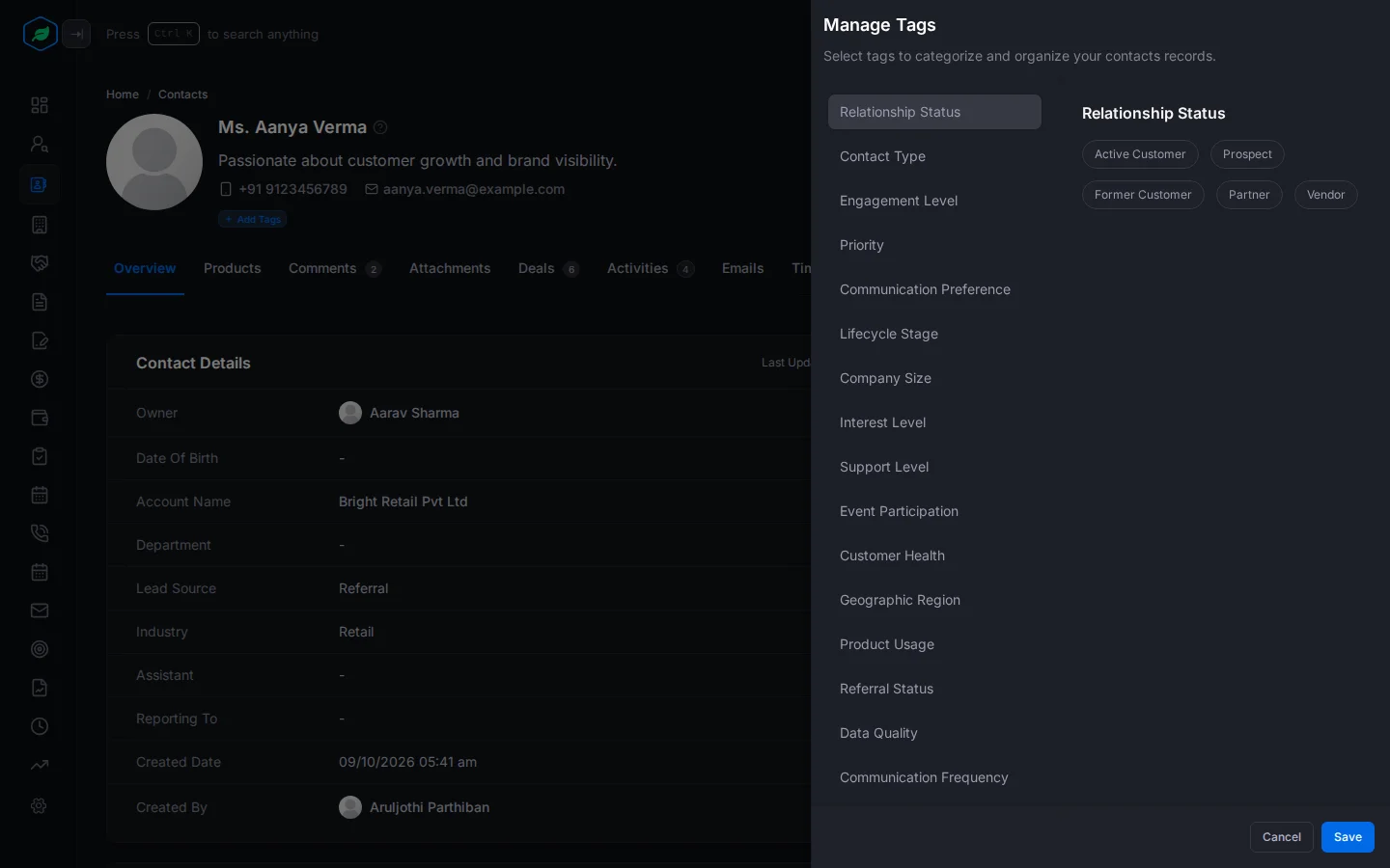 The Manage Tags panel open on a contact, with tag groups on the left and the Relationship Status tags on the right