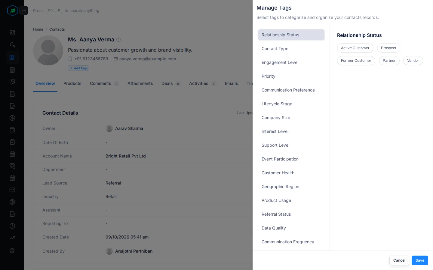 The Manage Tags panel open on a contact, with tag groups on the left and the Relationship Status tags on the right