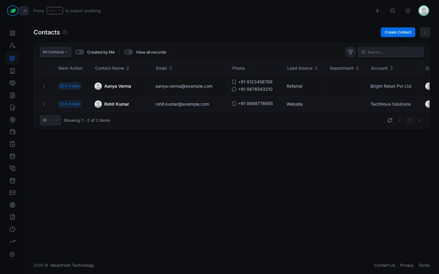 The contacts list with the view list, the Created by Me and View all records switches, and columns for name, email, phone, lead source, department and account
