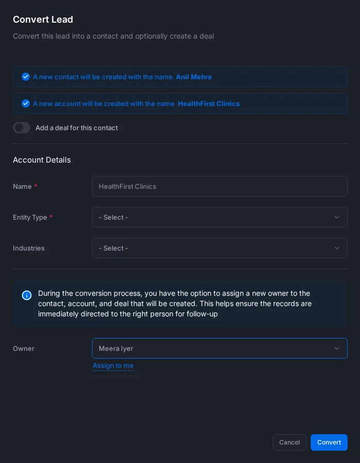 The Convert Lead panel with the contact and account to be created, the Add a deal for this contact switch and the Account Details fields