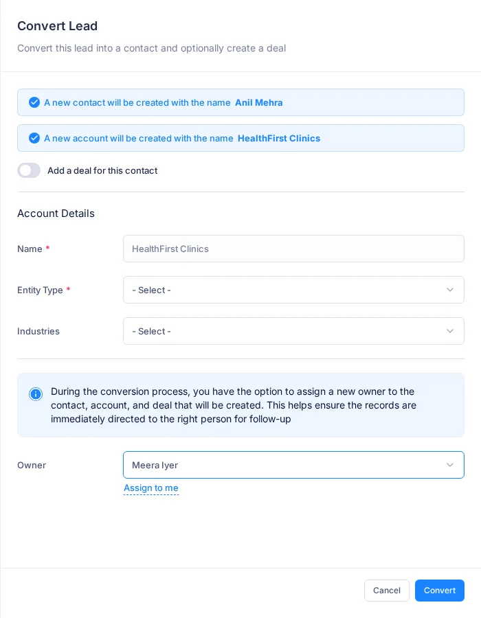 The Convert Lead panel with the contact and account to be created, the Add a deal for this contact switch and the Account Details fields
