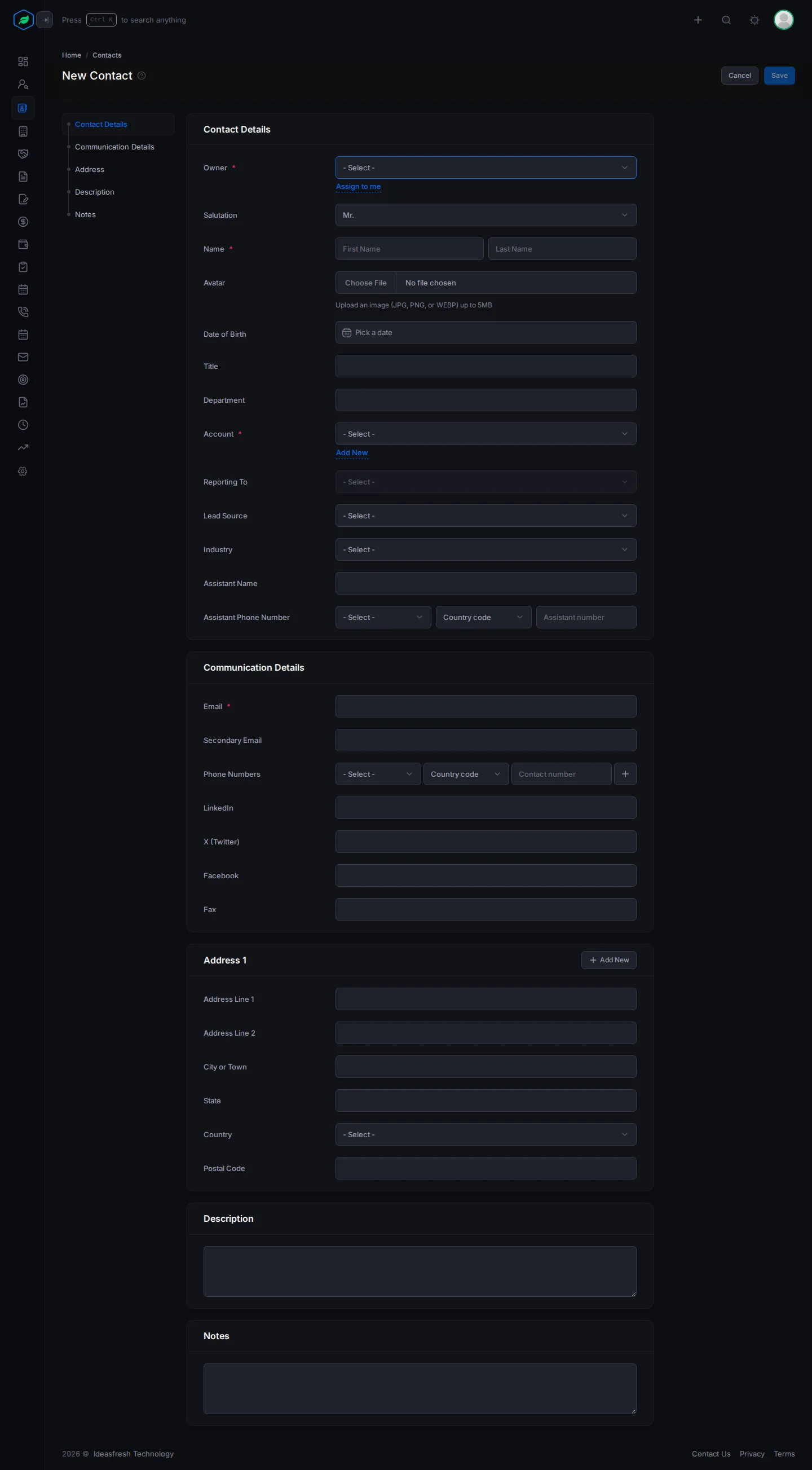 The whole New Contact form: Contact Details, Communication Details, Address, Description and Notes