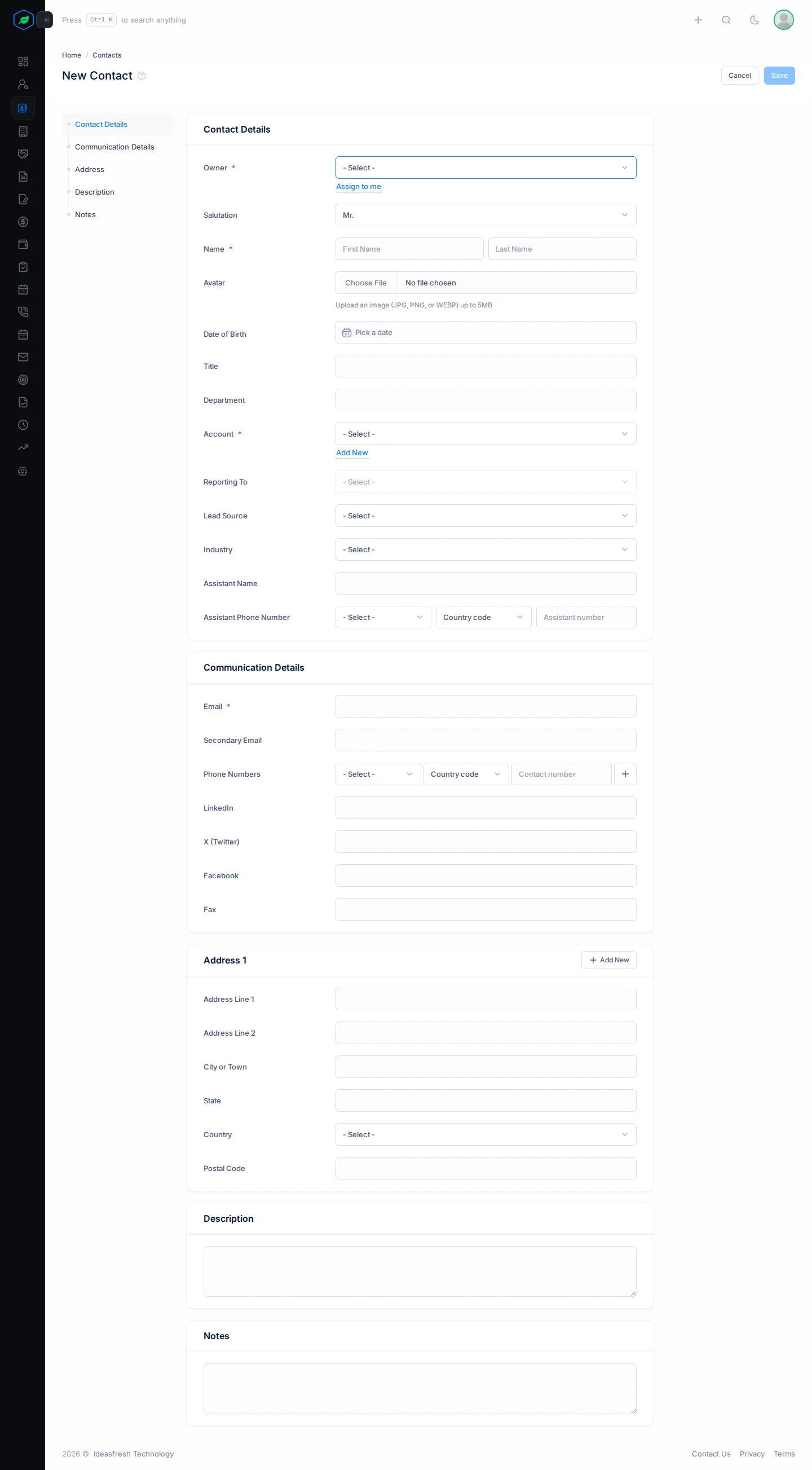 The whole New Contact form: Contact Details, Communication Details, Address, Description and Notes