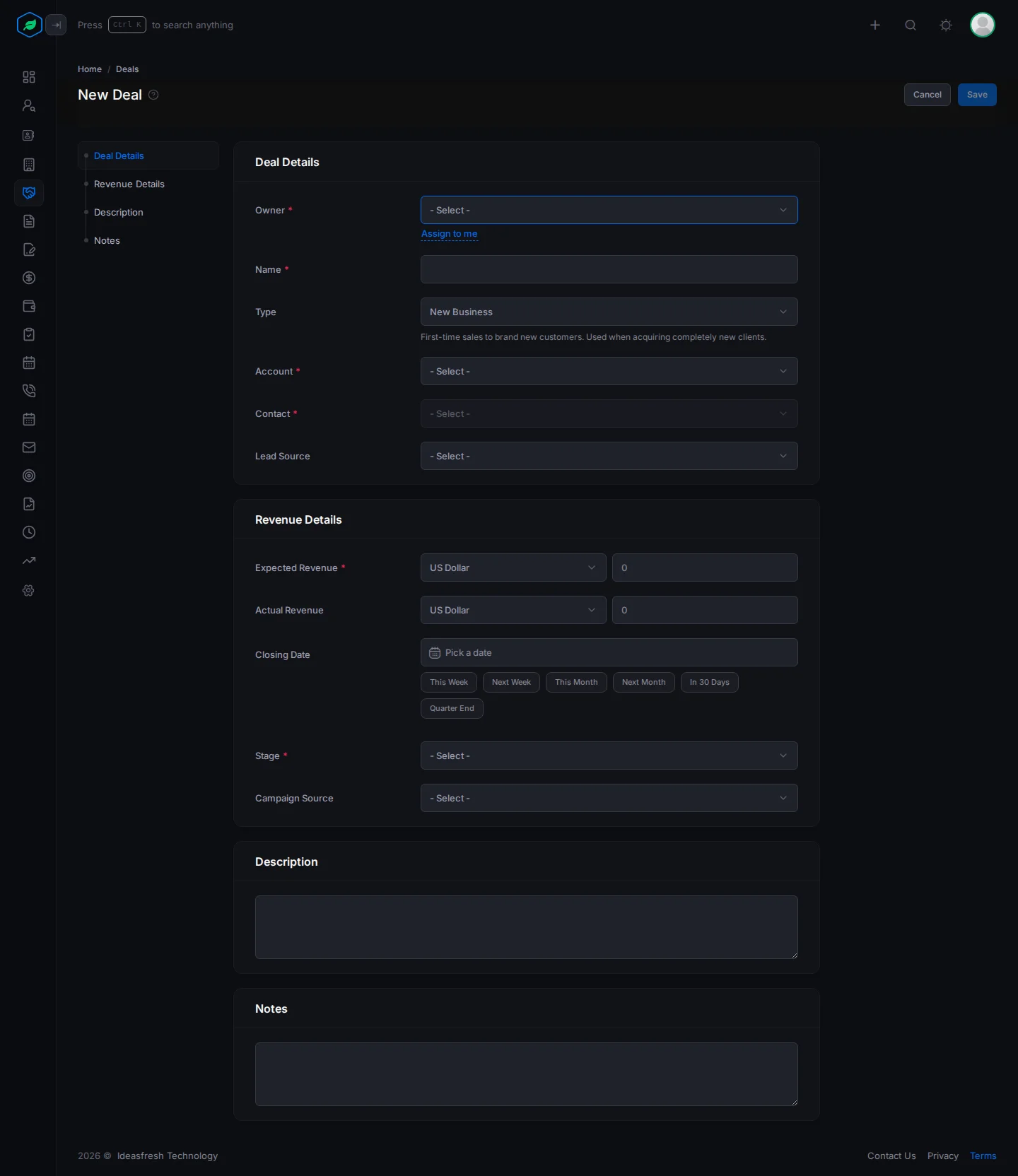The whole New Deal form: Deal Details, Revenue Details, Description and Notes