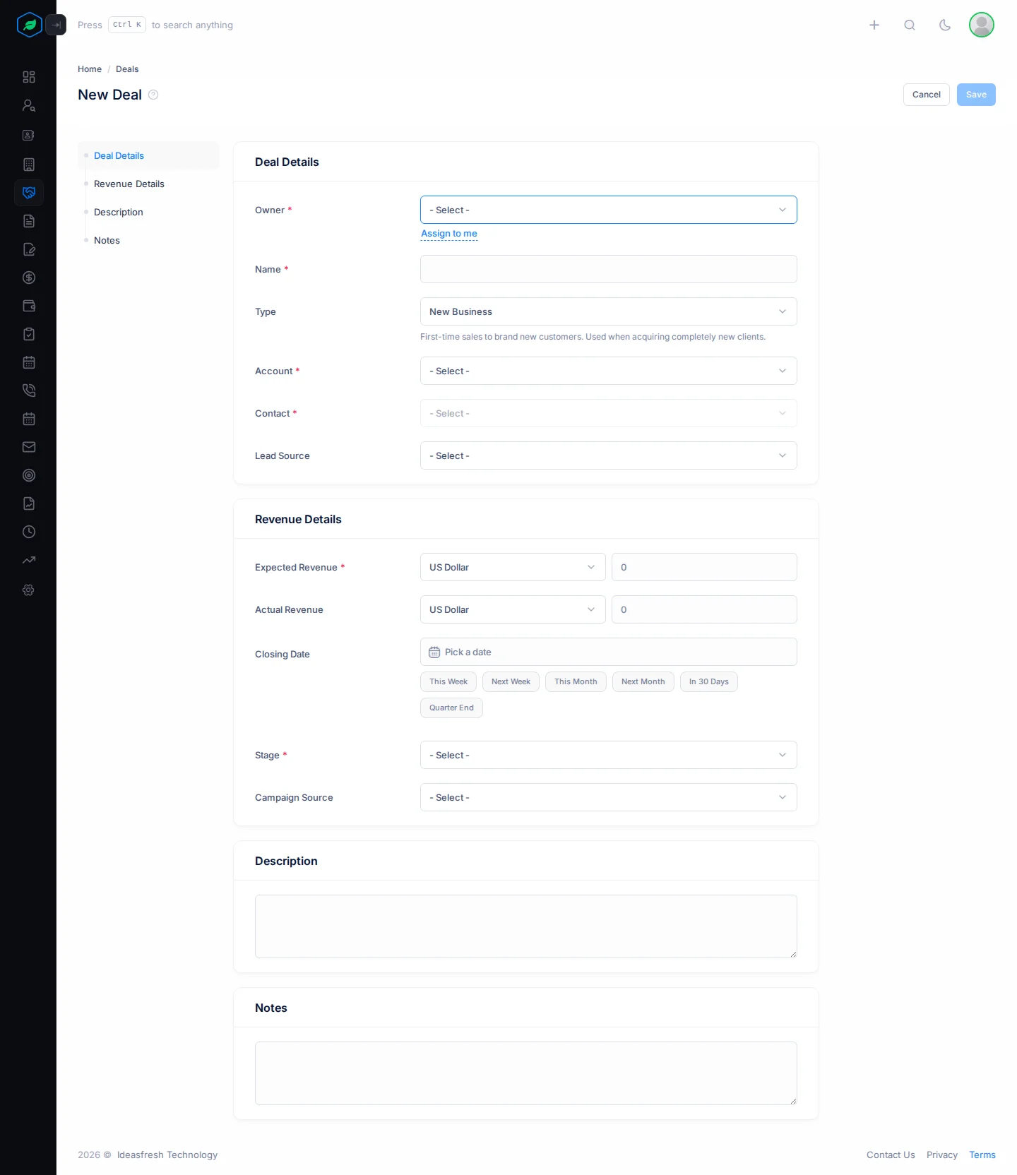 The whole New Deal form: Deal Details, Revenue Details, Description and Notes