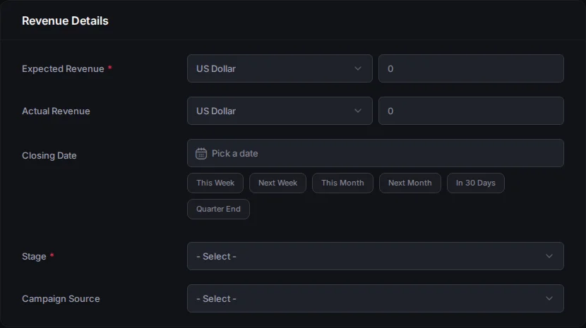 The Revenue Details section of the deal form, with Expected Revenue, Actual Revenue, the Closing Date and its quick options, Stage and Campaign Source