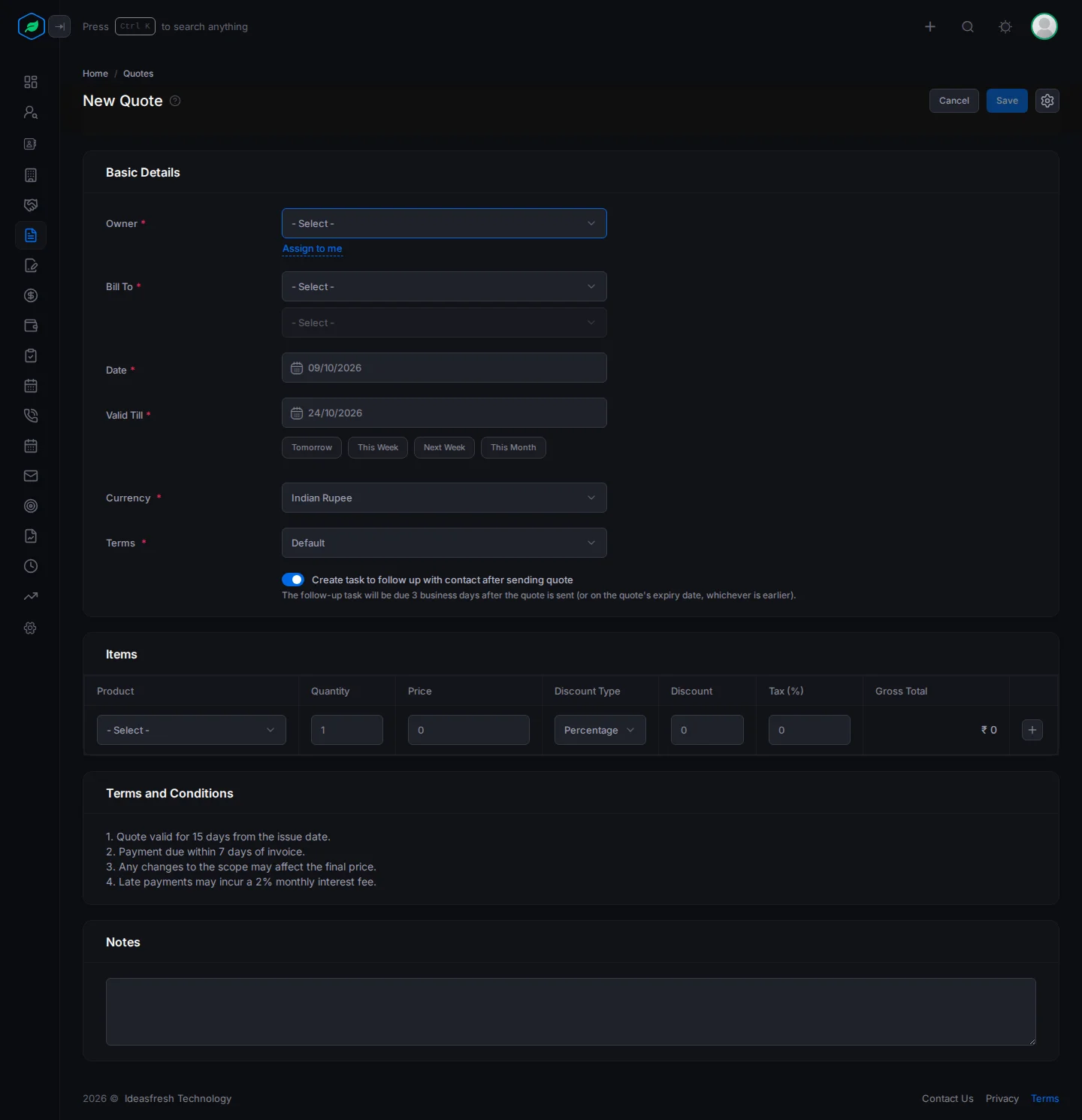 The whole New Quote form: Basic Details, the Items table, Terms and Conditions, and Notes