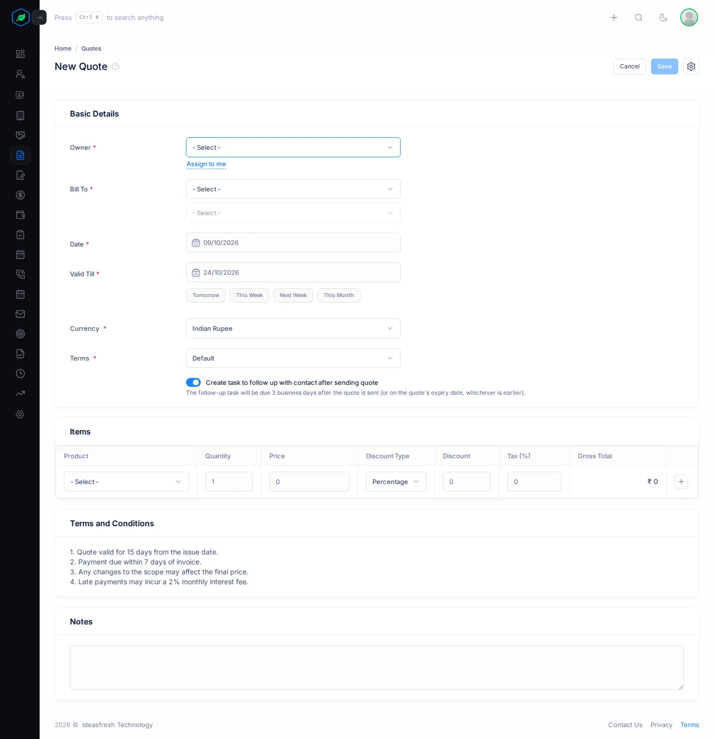 The whole New Quote form: Basic Details, the Items table, Terms and Conditions, and Notes