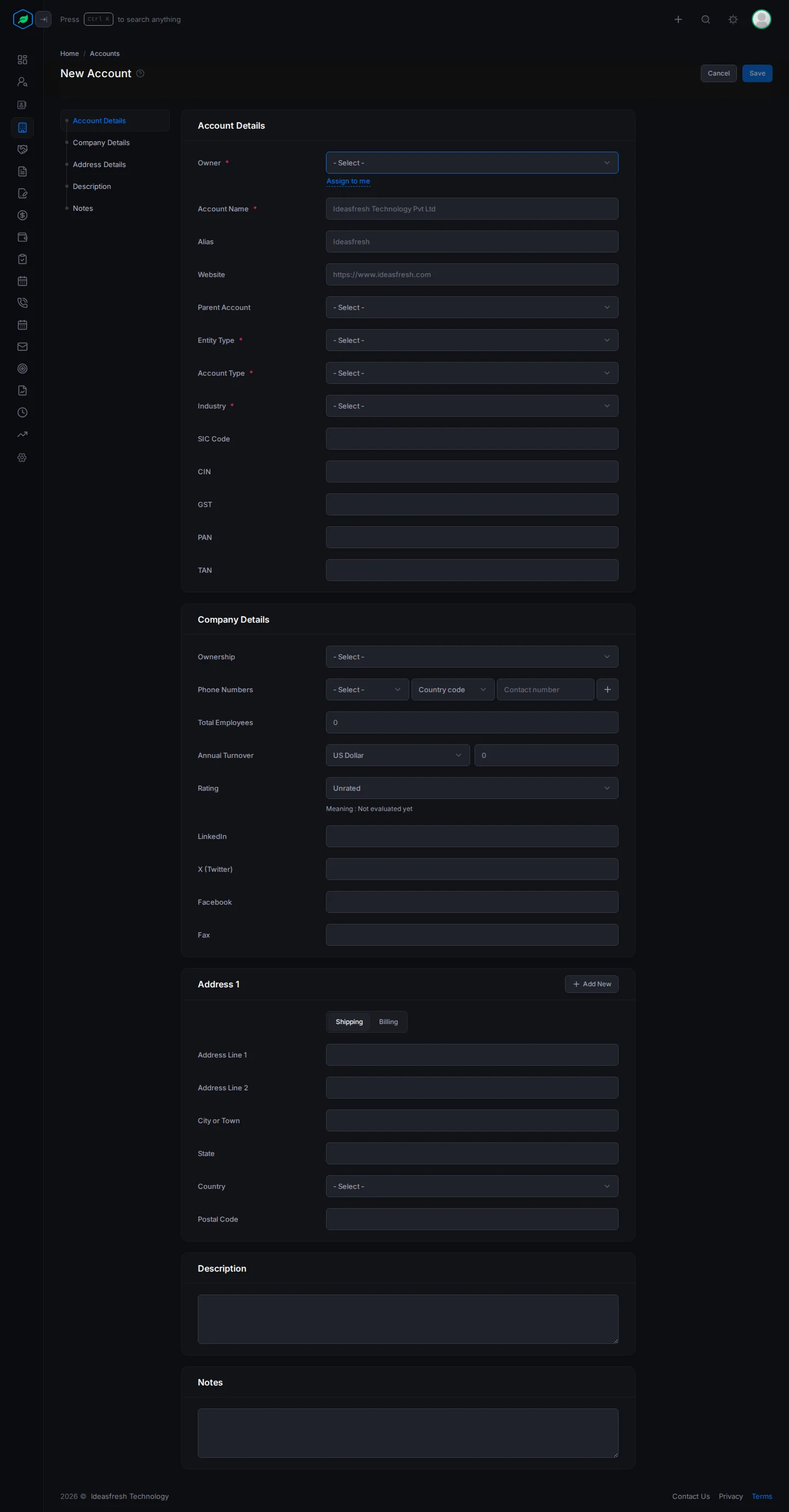 The whole New Account form: Account Details, Company Details, Address, Description and Notes