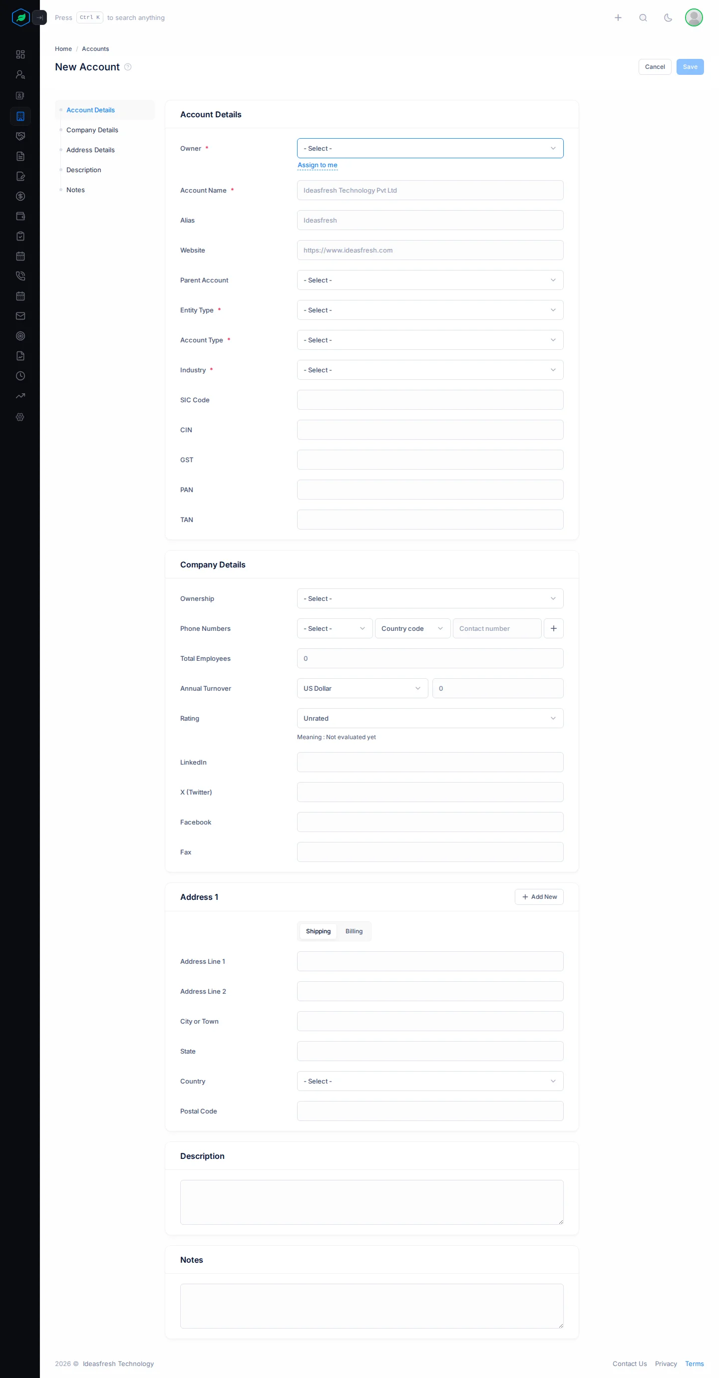 The whole New Account form: Account Details, Company Details, Address, Description and Notes