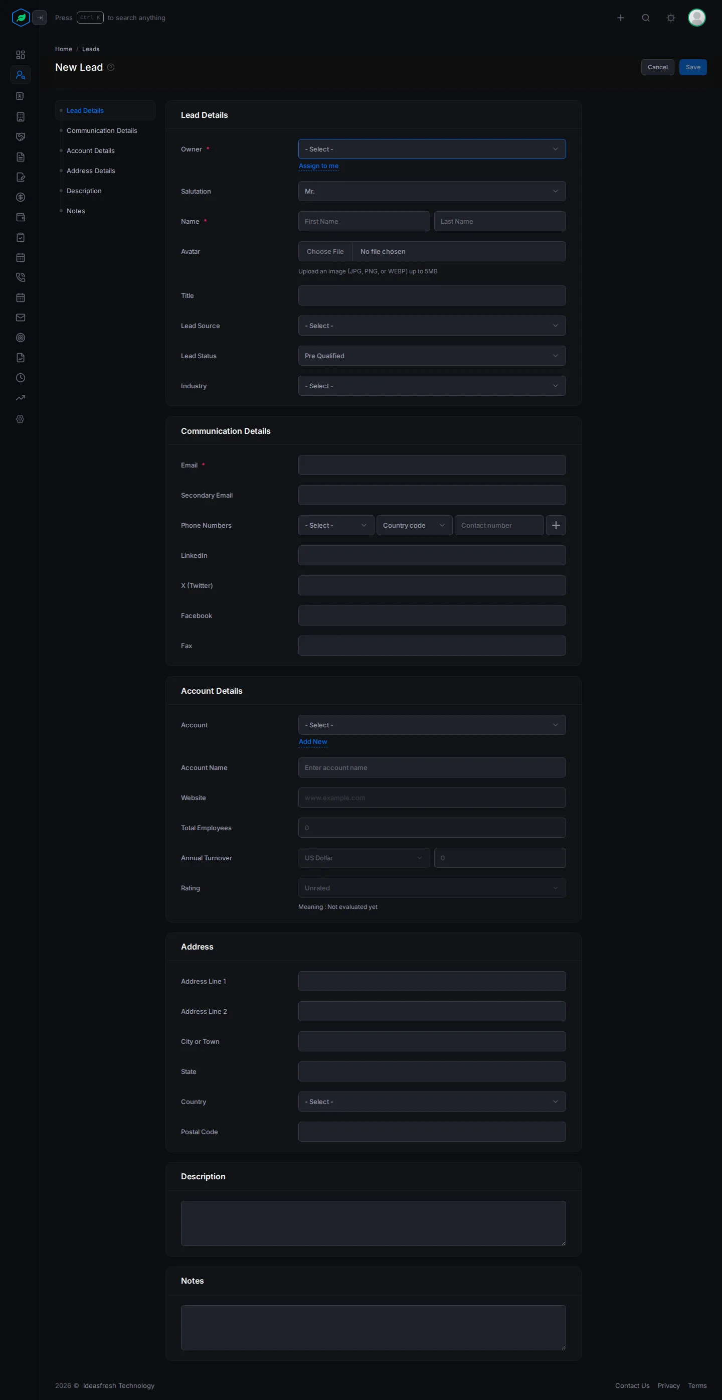 The whole New Lead form: Lead Details, Communication Details, Account Details, Address, Description and Notes