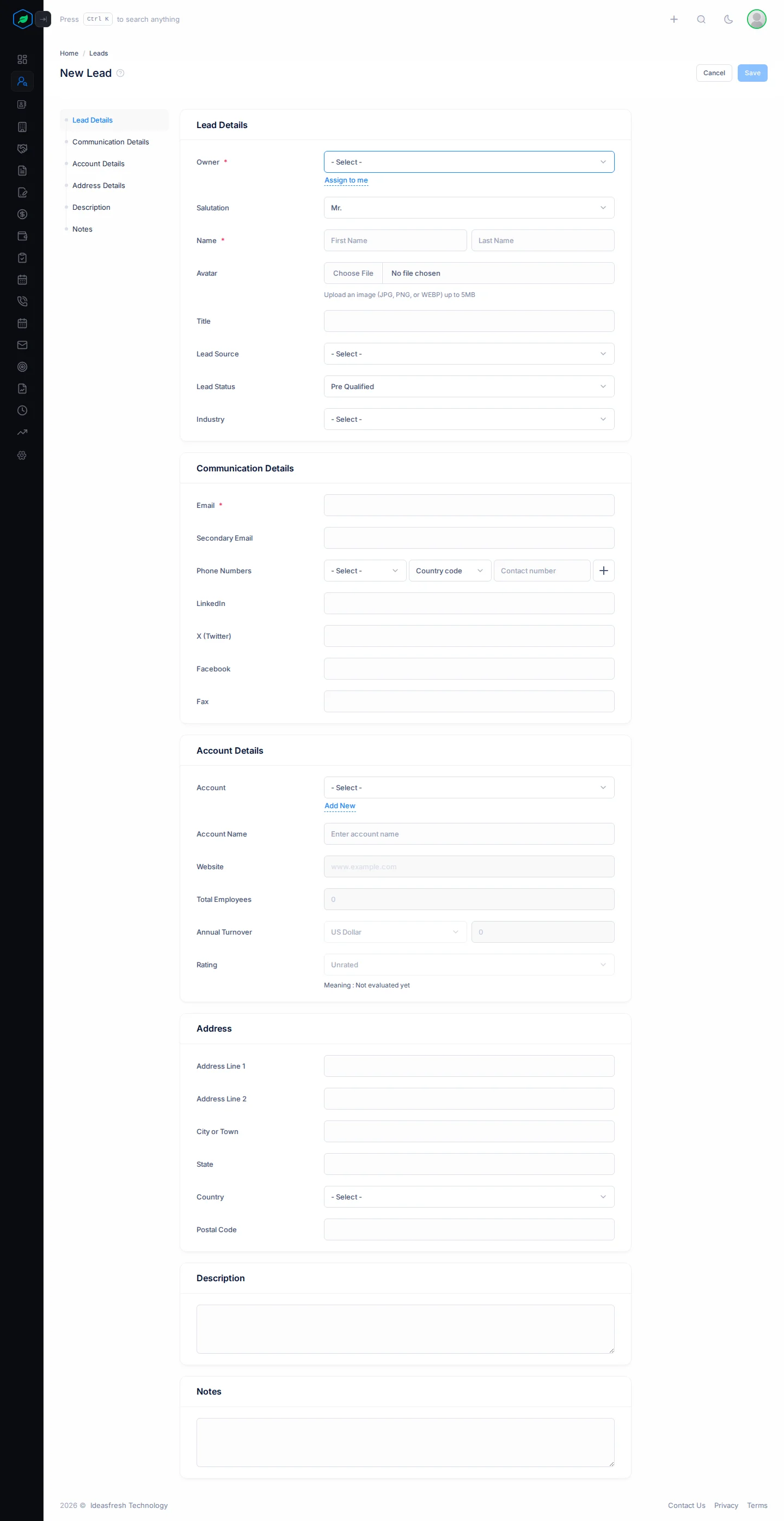 The whole New Lead form: Lead Details, Communication Details, Account Details, Address, Description and Notes