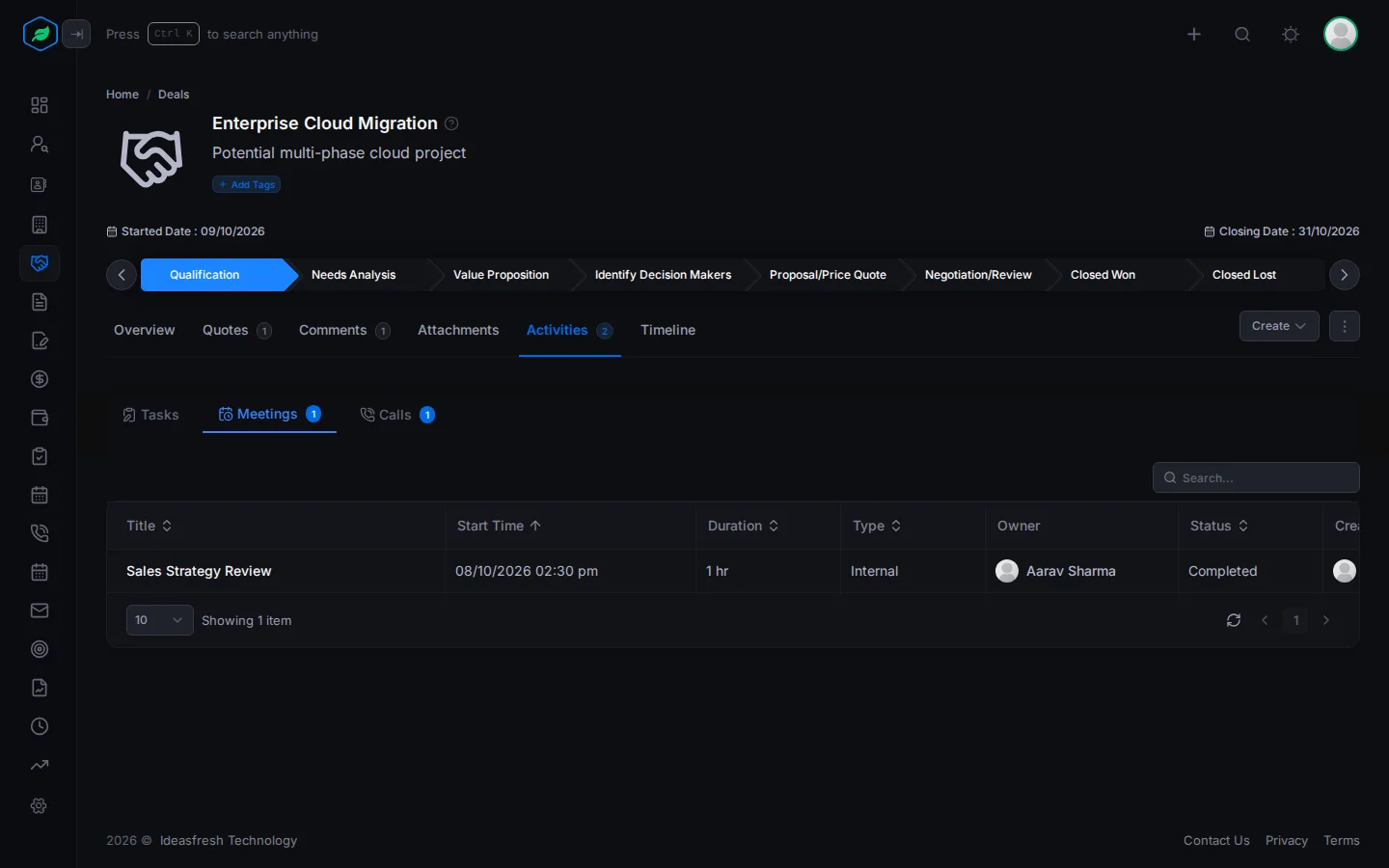 The Activities tab on a deal, showing a meeting under Meetings