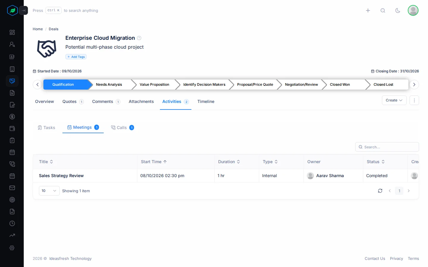 The Activities tab on a deal, showing a meeting under Meetings