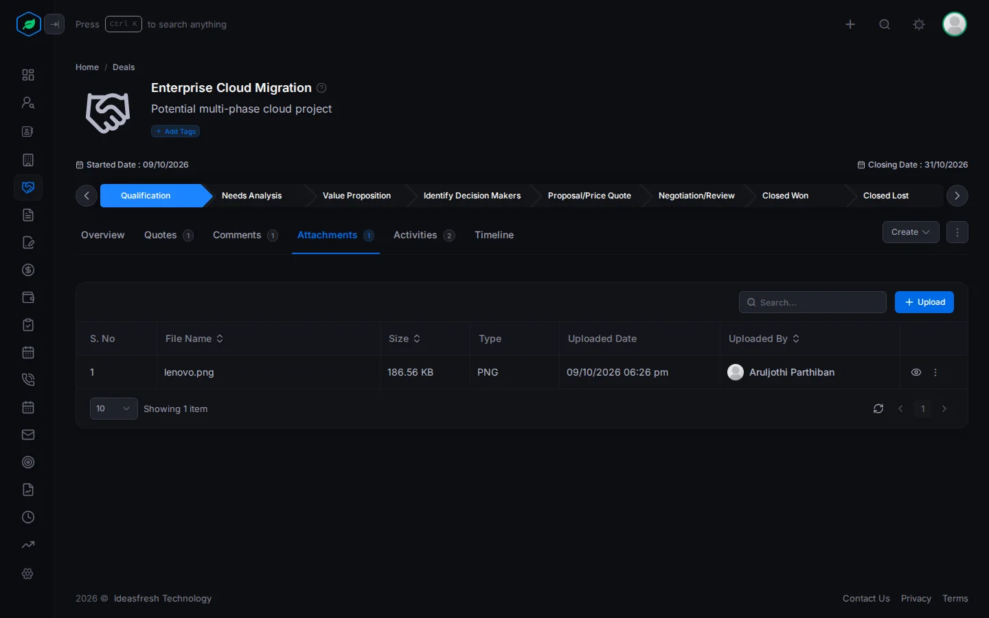 The Attachments tab on a deal, with an uploaded file and the Upload button