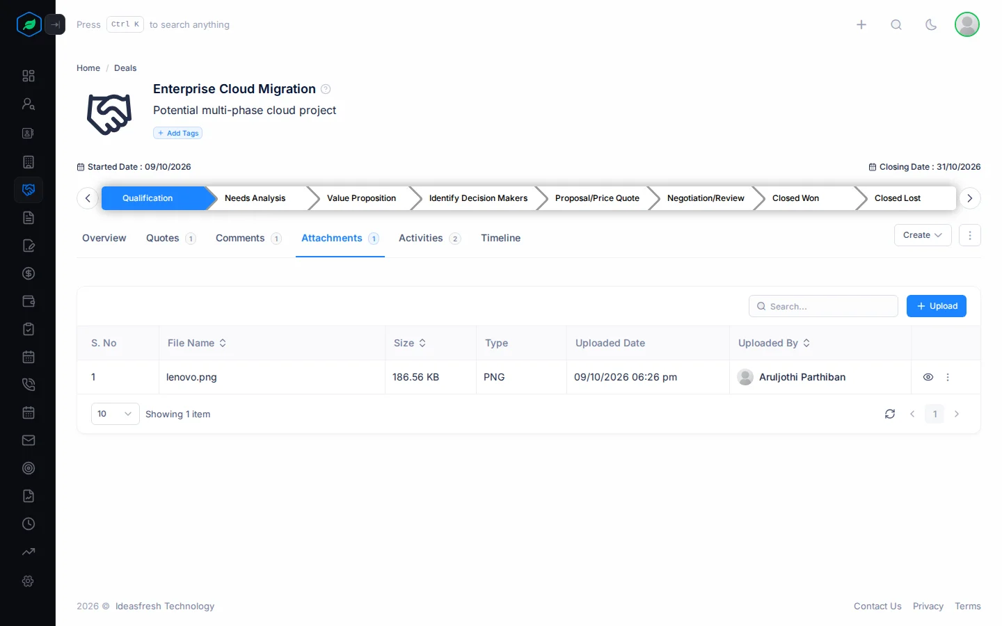 The Attachments tab on a deal, with an uploaded file and the Upload button