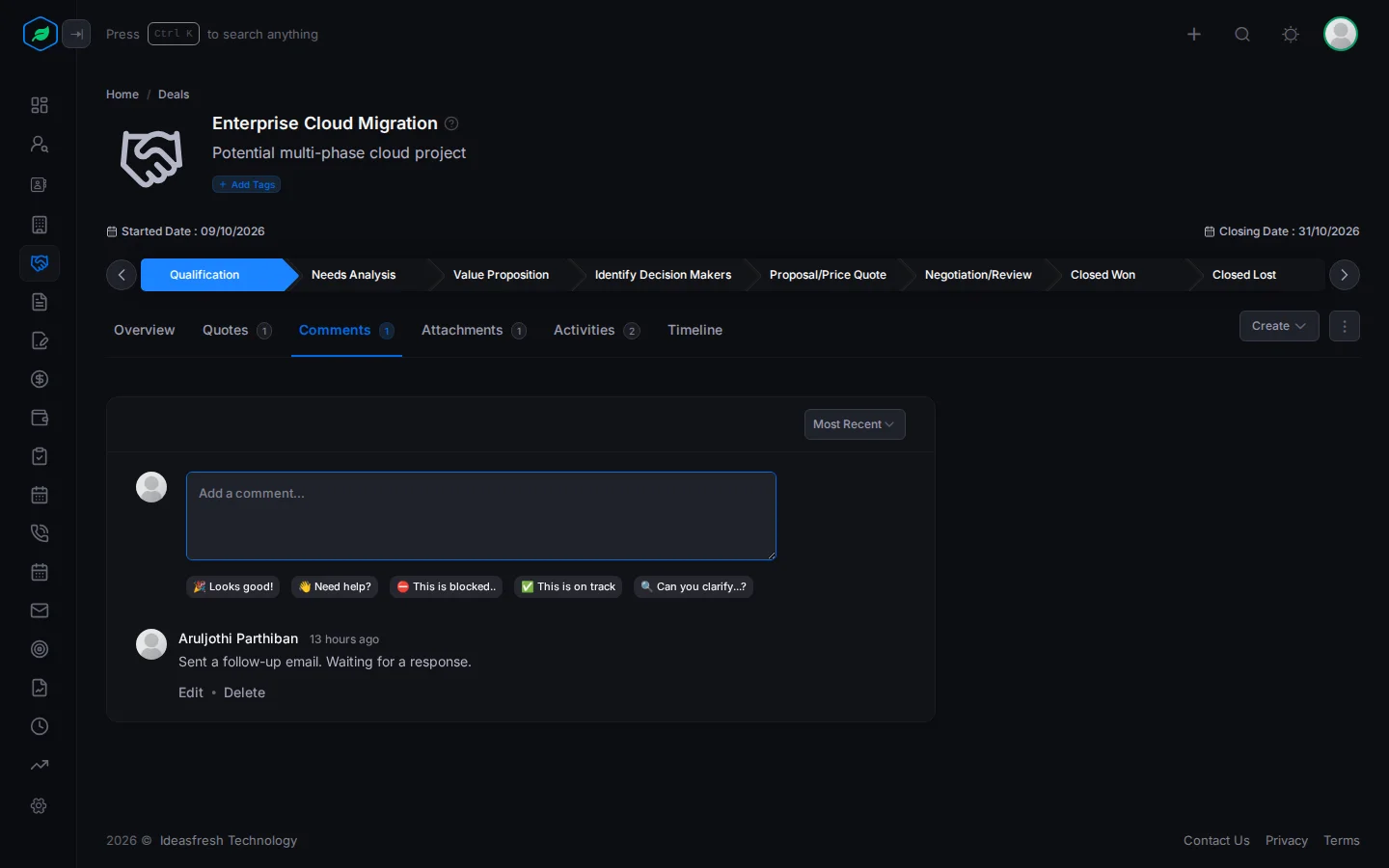 The Comments tab on a deal, with a note from the team