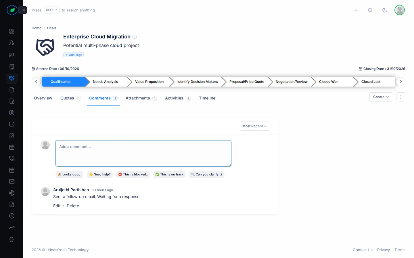 The Comments tab on a deal, with a note from the team