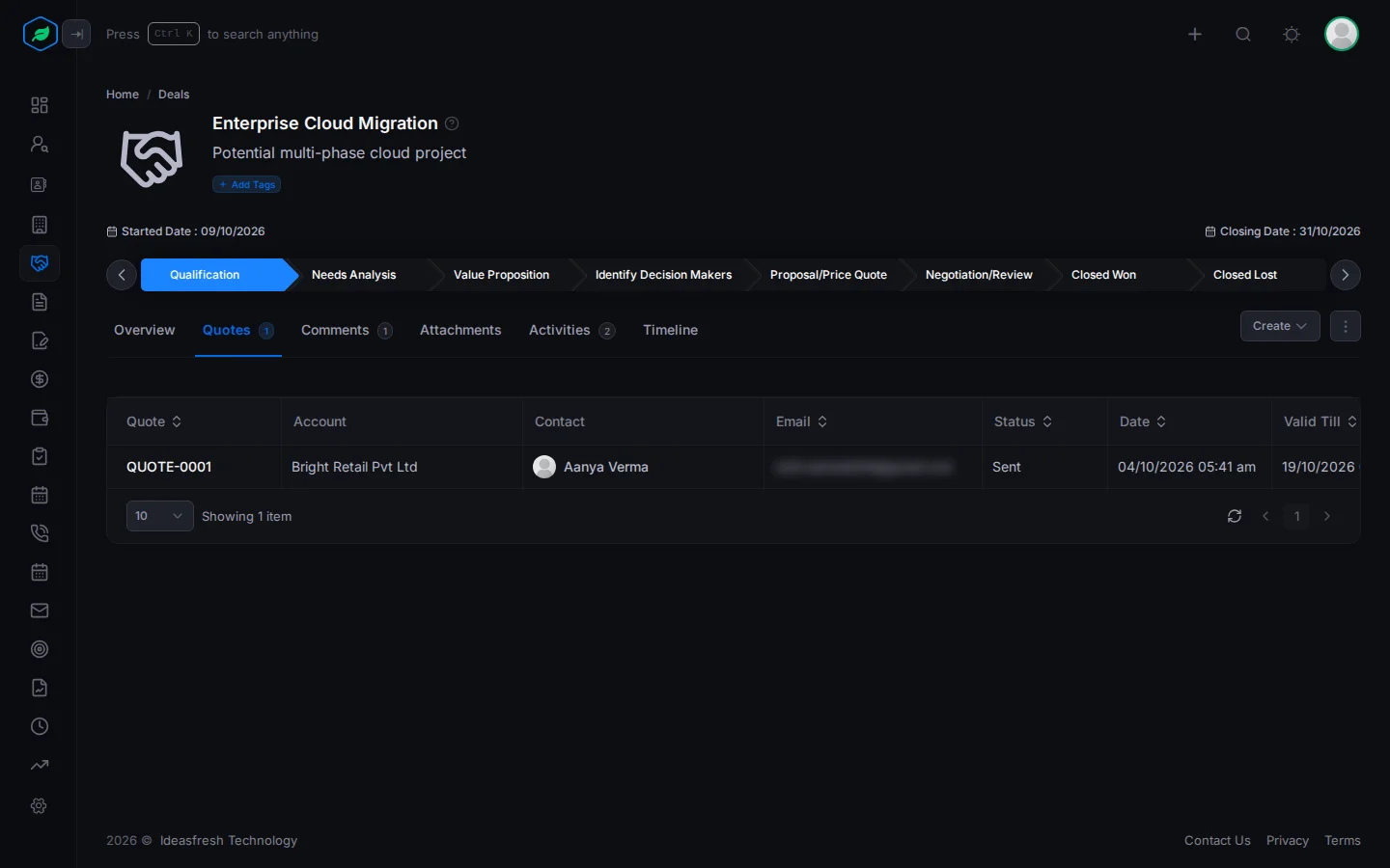 The Quotes tab on a deal, with the quote's number, account, contact, status and dates