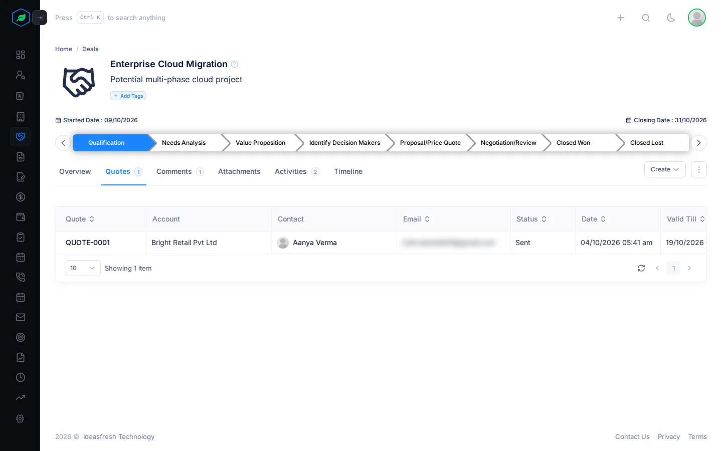 The Quotes tab on a deal, with the quote's number, account, contact, status and dates