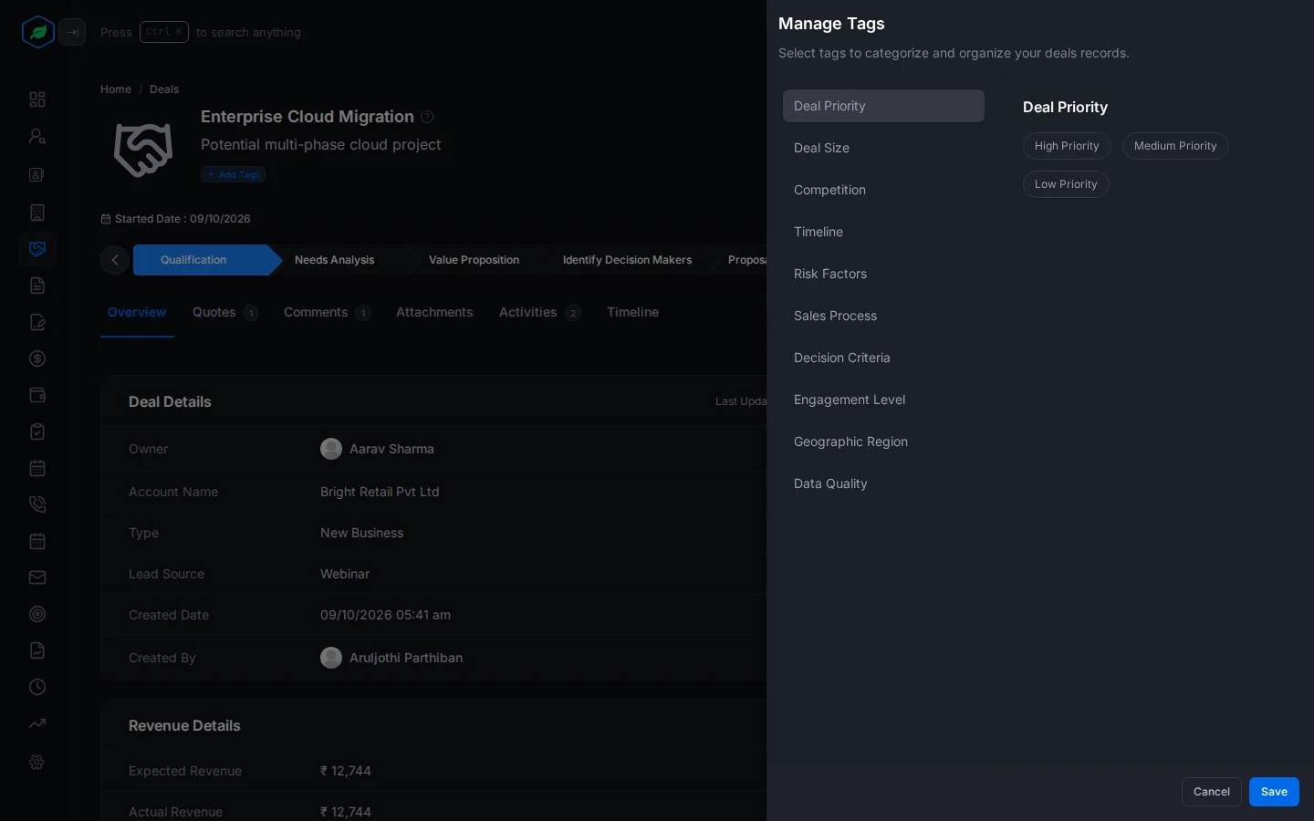 The Manage Tags panel open on a deal, with tag groups on the left and the Deal Priority tags on the right