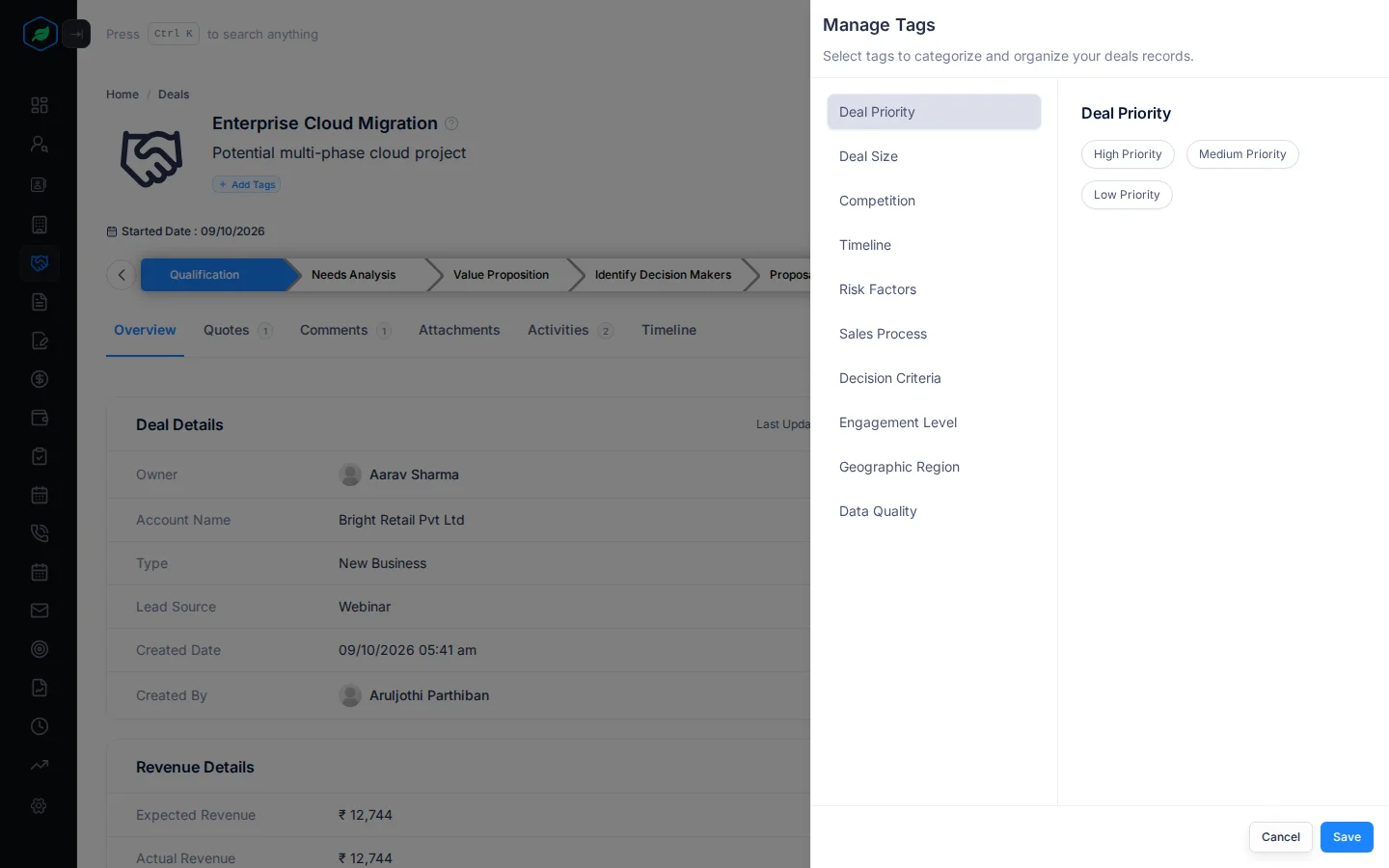 The Manage Tags panel open on a deal, with tag groups on the left and the Deal Priority tags on the right