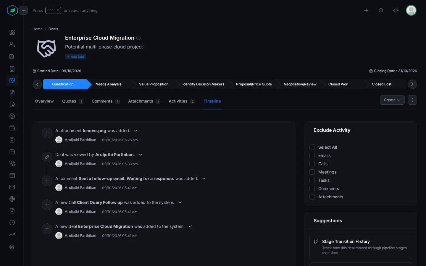 The Timeline tab on a deal, with the deal's history on the left, and Exclude Activity and Suggestions on the right