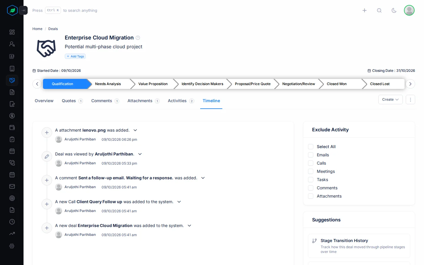 The Timeline tab on a deal, with the deal's history on the left, and Exclude Activity and Suggestions on the right