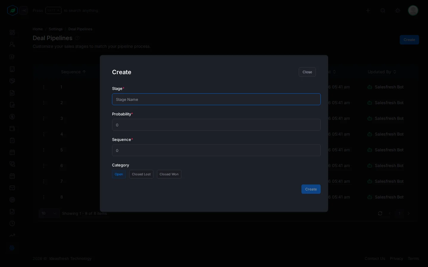The Create Deal Pipeline panel with the Stage, Probability, Sequence and Category fields