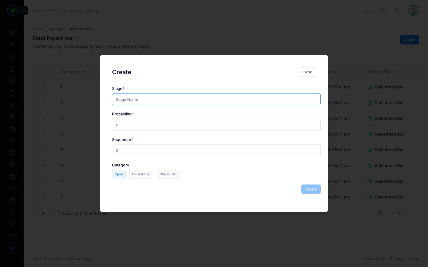 The Create Deal Pipeline panel with the Stage, Probability, Sequence and Category fields
