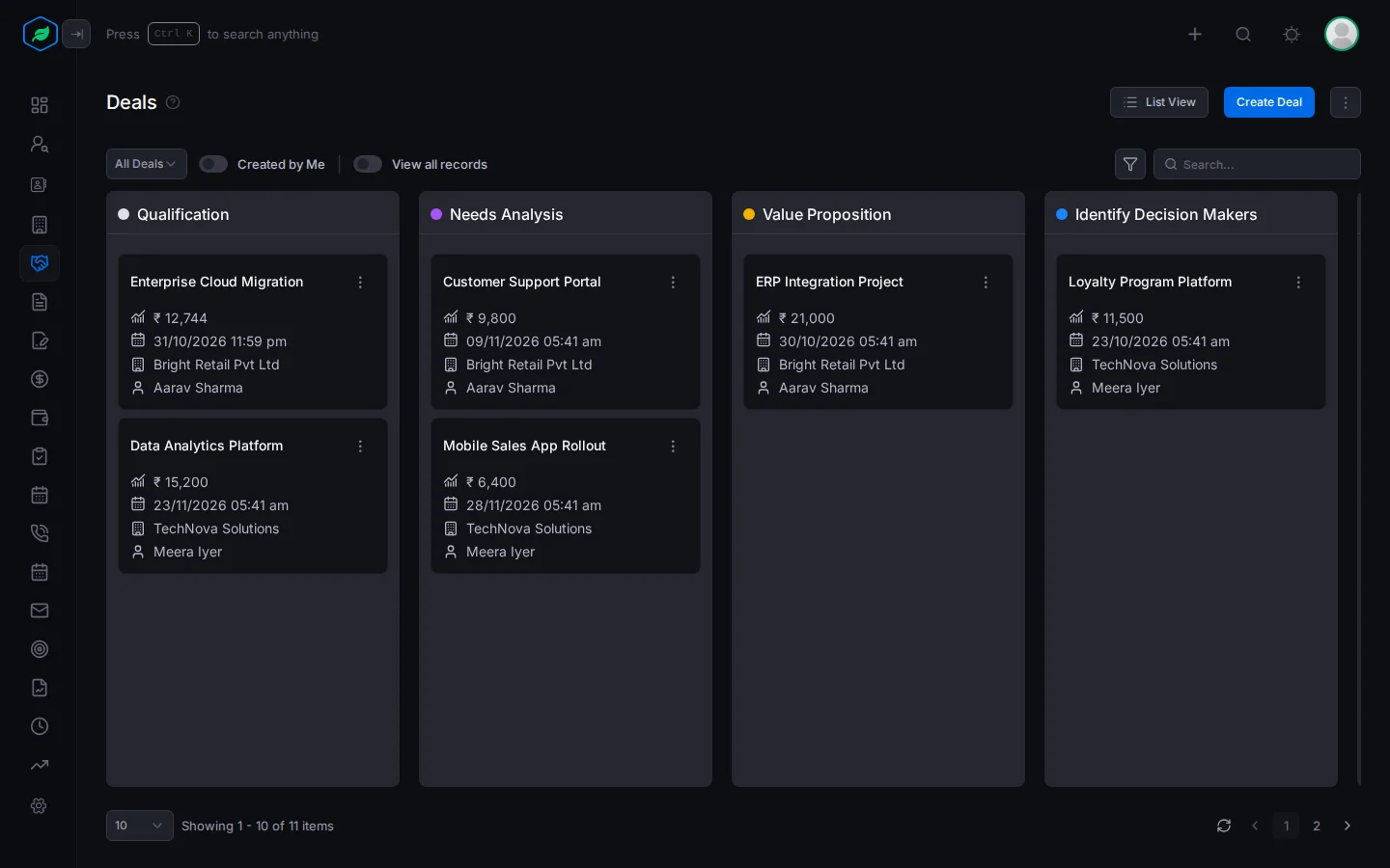 The deals Kanban board with a column per stage and a card for each deal