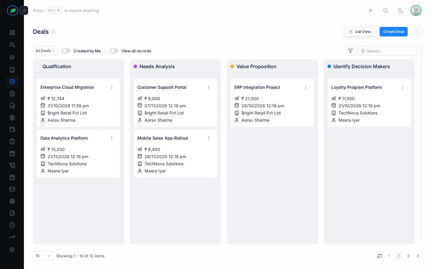 The deals Kanban board with a column per stage and a card for each deal