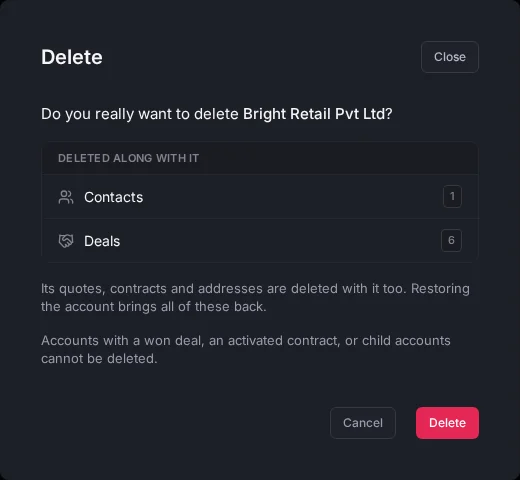 The Delete window for an account, listing under Deleted along with it the number of contacts and deals, and noting that quotes, contracts and addresses go too