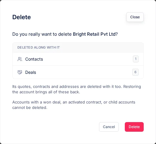 The Delete window for an account, listing under Deleted along with it the number of contacts and deals, and noting that quotes, contracts and addresses go too