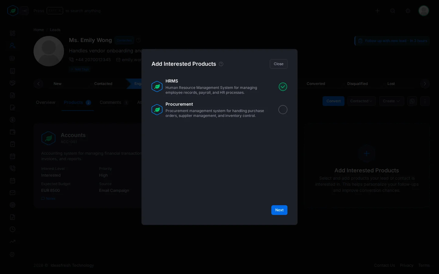 The Add Interested Products window listing products, with one ticked
