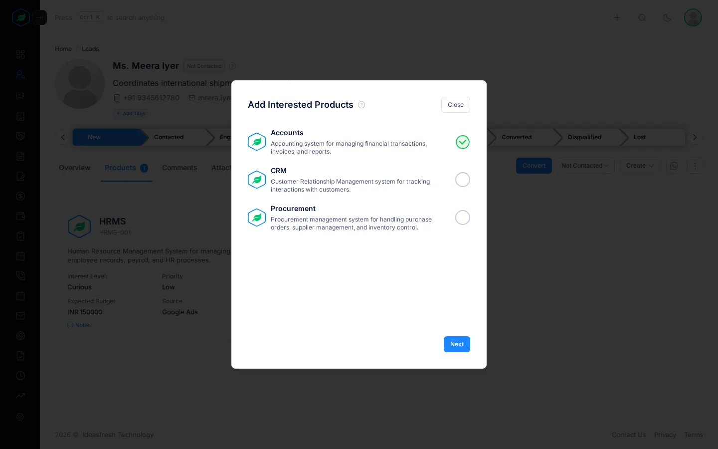 The Add Interested Products window listing products, with one ticked