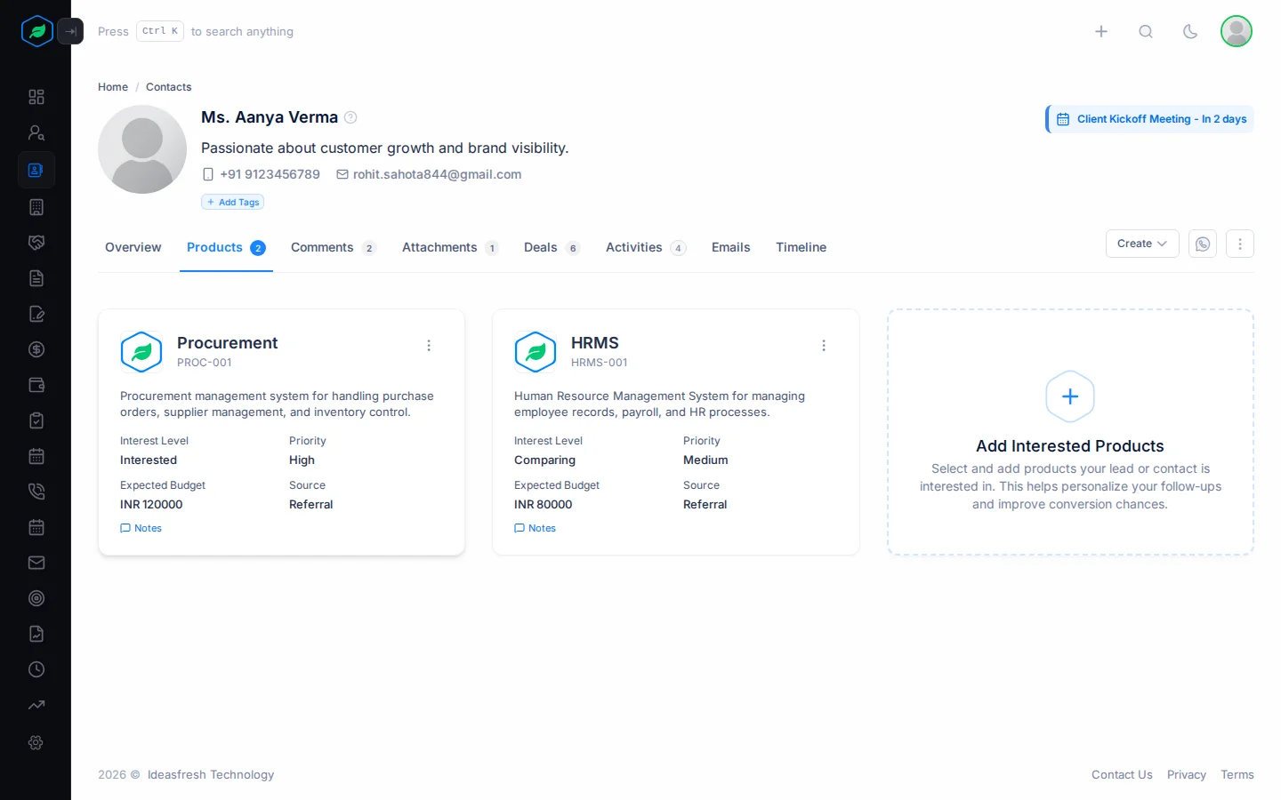 A contact's Products tab with two product cards, each showing its interest level, priority, expected budget and source, and the Add Interested Products card