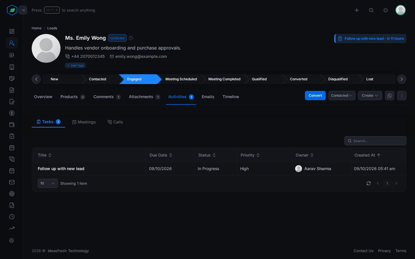 The Activities tab on a lead, with its tasks, meetings and calls