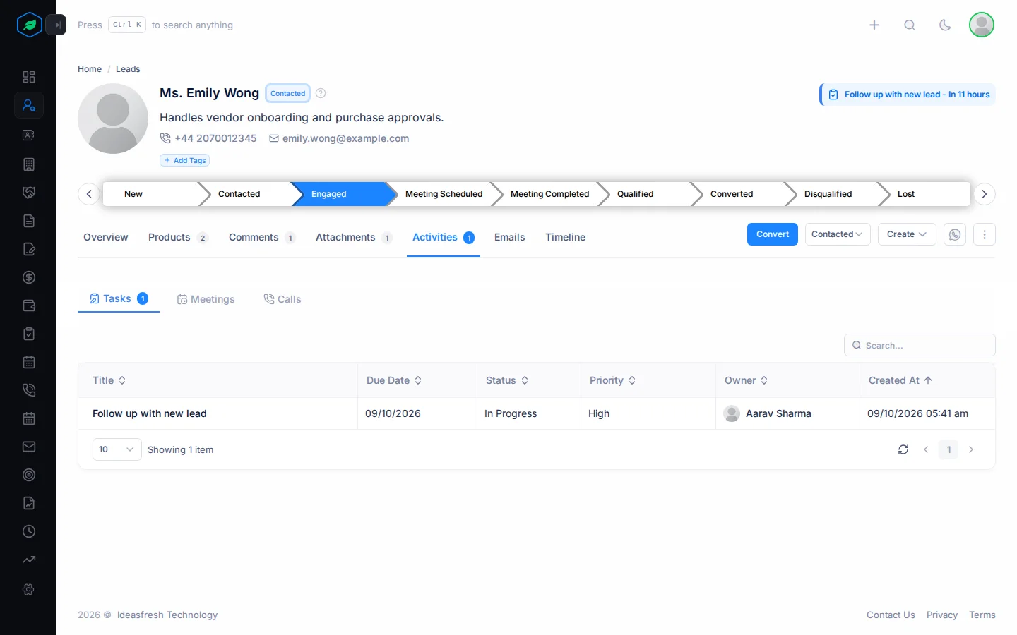 The Activities tab on a lead, with its tasks, meetings and calls