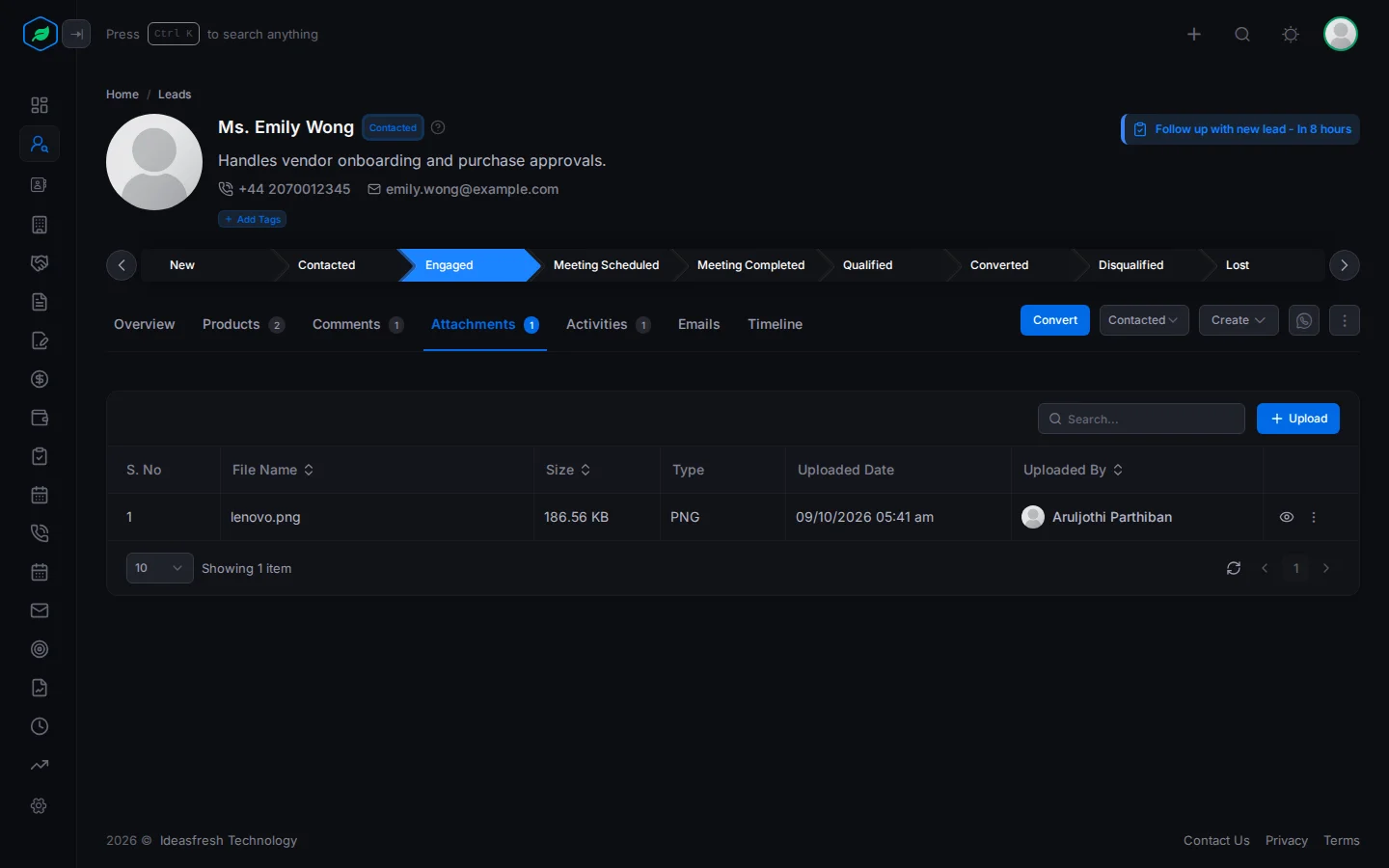 The Attachments tab on a lead, with an uploaded file and the Upload button