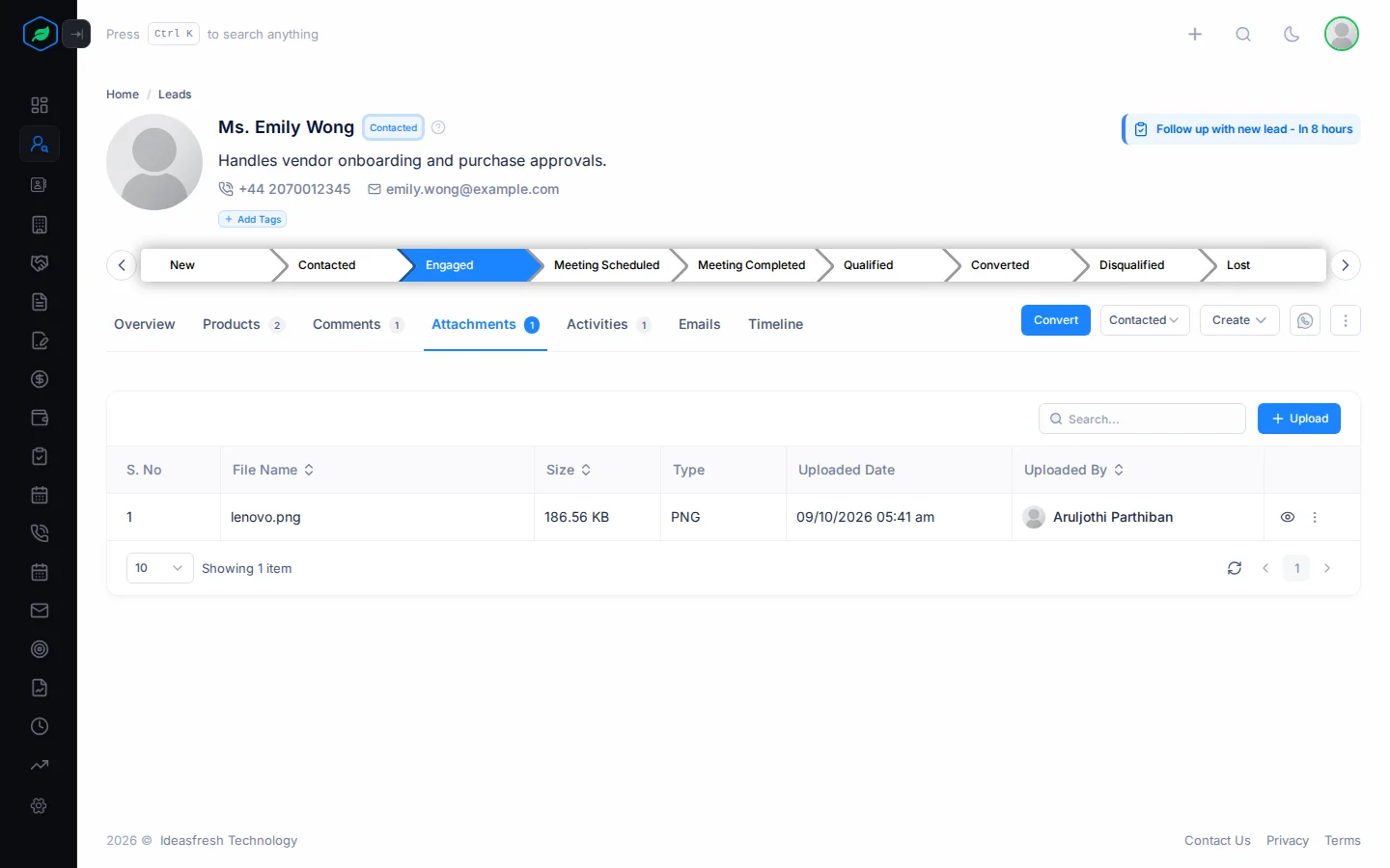 The Attachments tab on a lead, with an uploaded file and the Upload button