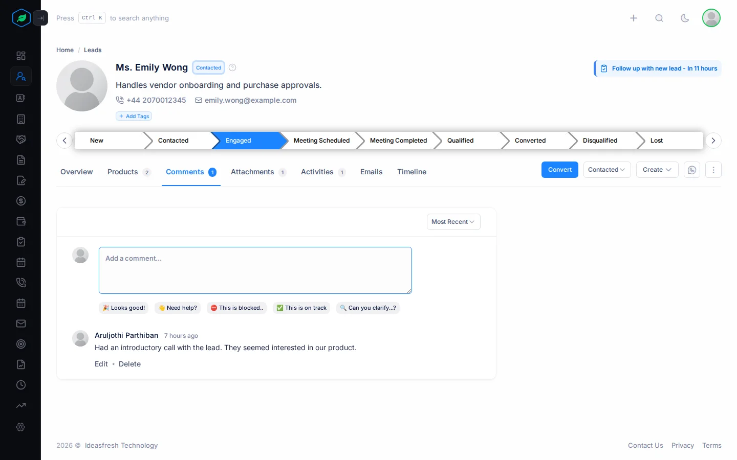 The Comments tab on a lead, with notes from the team